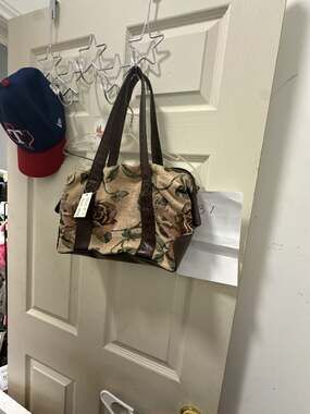 Vintage Floral Tapestry Shoulder Bag Brown Faux Leather Trim